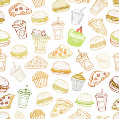 Seamless vector banner with outline fast food icons. Background with hand drawn drawings pizza, burger, hotdog, ice cream, soda, coffee. Sketch food pattern. Doodle silhouettes of takeaway ...