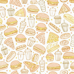 Seamless vector banner with outline fast food icons. Background with hand drawn drawings pizza, burger, hotdog, ice cream, soda, coffee. Sketch food pattern. Doodle silhouettes of takeaway ...