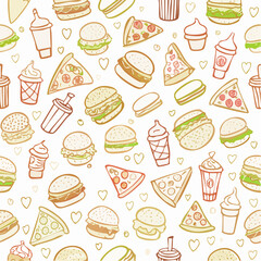 Seamless vector banner with outline fast food icons. Background with hand drawn drawings pizza, burger, hotdog, ice cream, soda, coffee. Sketch food pattern. Doodle silhouettes of takeaway ...