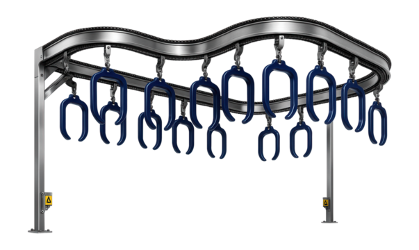 Hanging overhead conveyor with a serpentine layout for a car wash