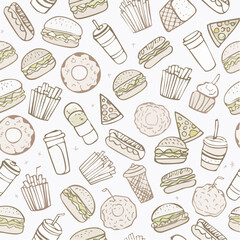 Seamless vector banner with outline fast food icons. Background with hand drawn drawings pizza, burger, hotdog, ice cream, soda, coffee. Sketch food pattern. Doodle silhouettes of takeaway ...