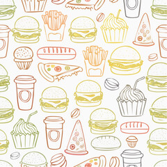 Seamless vector banner with outline fast food icons. Background with hand drawn drawings pizza, burger, hotdog, ice cream, soda, coffee. Sketch food pattern. Doodle silhouettes of takeaway ...