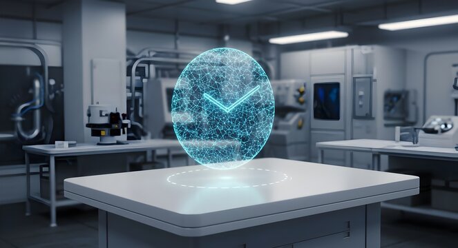 Holographic Time Projection in a Futuristic Lab, Sci-Fi Lab with Digital Clock Hologram, Futuristic Laboratory with Interacting Hologram Clock, Time Concept in High-Tech Environment