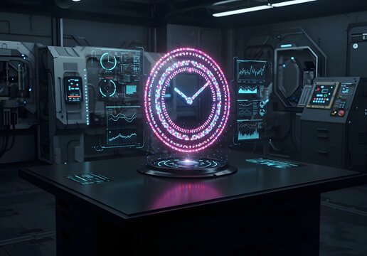 Holographic Time Projection in a Futuristic Lab, Sci-Fi Lab with Digital Clock Hologram, Futuristic Laboratory with Interacting Hologram Clock, Time Concept in High-Tech Environment - Powered by Adobe