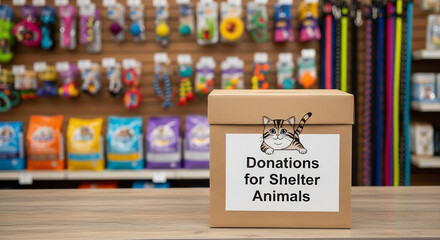 Donation Box for Shelter Animals on International Cat Day at a Pet Store