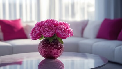 Vibrant Pink Peonies in Modern Living Room, Fresh Flowers Home Decor, Elegant Floral Arran