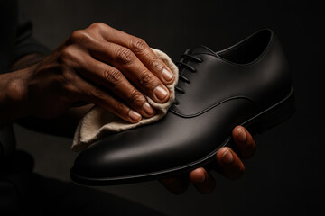 Close up of hands polishing elegant black leather dress shoe with soft cloth under dramatic lighting, detail on craftsmanship