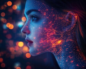 Futuristic Woman Face with Digital Network Overlay Bokeh AI Technology Concept