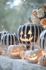 Elegant Halloween Table Decor Ceramic Striped White Lit Pumpkins