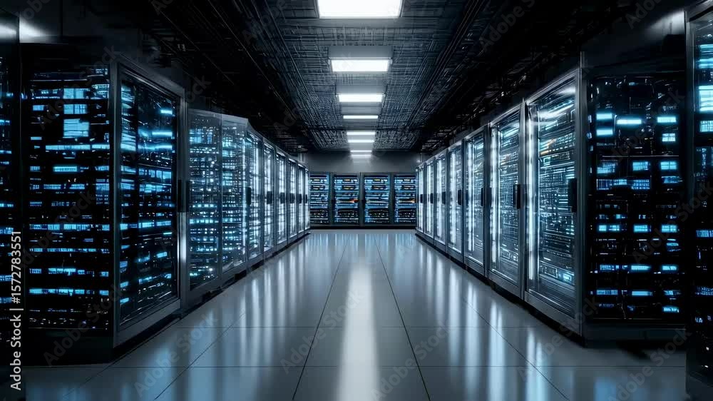 Poster futuristic data center features rows of illuminated server racks. the high tech environment showcase