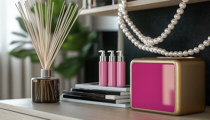 Modern Home Interior Decor with Diffuser, Pink Bottles, Pearls on Shelf - Beauty, Wellness