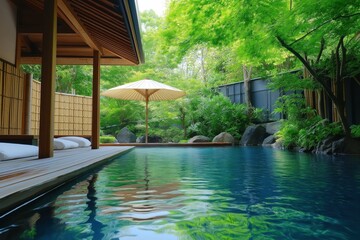 Luxurious Outdoor Japanese Hot Spring Pool in Serene Garden Setting