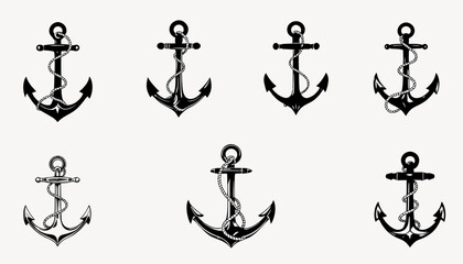 Set of eight vector anchors with rope, perfect for nautical themed designs, branding, or as graphic design elements for websites and print.
