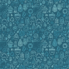 Seamless vector pattern with outline eco icons. Background with hand drawn zero waste and recycle elements. Save planet doodle silhouettes