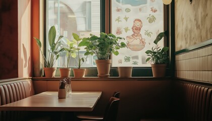 Cozy Cafe Interior with Potted Plants and Natural Sunlight at a Window Seat
