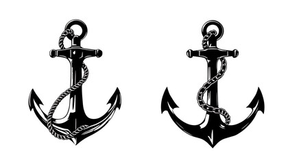 Two classic black nautical anchors with detailed ropes and chains are presented as isolated vector illustrations on a clean white background, perfect for maritime designs.