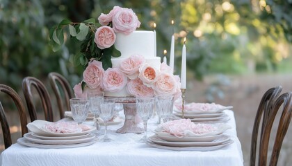 Elegant Wedding Cake with Pink Garden Roses at Outdoor Celebration Table