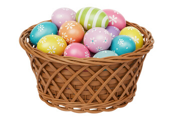 A wicker basket brimming with brightly colored easter eggs, perfect for a festive spring holiday display isolated on transparent background