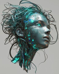 Futuristic Cybernetic Head with Glowing Circuits and Wires
