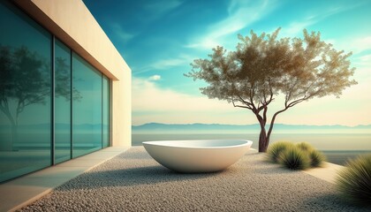 Modern Luxury Outdoor Patio with Minimalist Design, Scenic Ocean View, and Tranquil Landsc