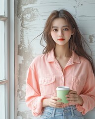 Young Asian Woman in Pink Shirt Holding Green Cup by Window, Cozy Lifestyle Portrait
