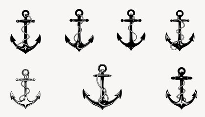 Collection of seven nautical anchors with ropes, presented in a vintage black and white vector graphic style on a white background.