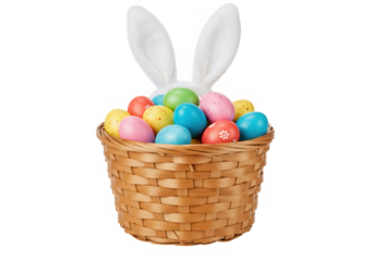A whimsical easter basket overflowing with colorful eggs and bunny ears, capturing the spirit of spring celebration isolated on transparent background