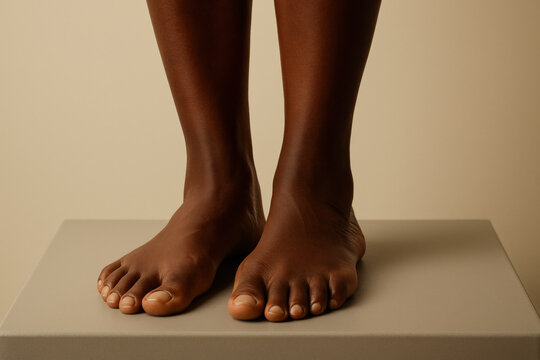 Close up of dark skinned bare feet standing on neutral platform with natural light and smooth, healthy skin texture