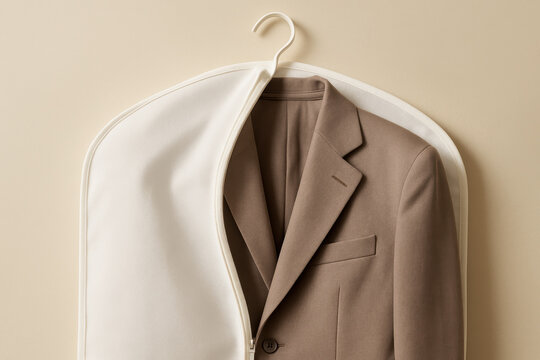 Classic beige suit jacket neatly displayed in a garment cover on a hanger against a neutral background for elegant storage