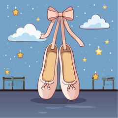 Vector Illustration of a Pair of Ballet Slippers, Hanging with Ribbon Bow, Elegant Dance Accessories, Coquette Style Clipart. © VectorVibe