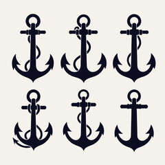 A collection of six dark blue nautical anchors with ropes, presented in a clean vector graphic style on a light background.