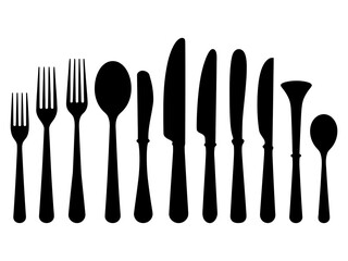 Cutlery set, forks, spoons and knives, vector illustration, silhouette, art