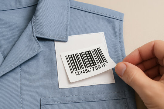 Hand attaching barcode label on blue uniform shirt for identification or inventory control in warehouse or workplace setting