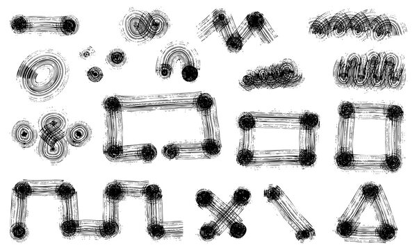Geometric shapes with grunge-style lines. Badly printed icons. Vector objects. A geometric shape with rounded corners, created with a wide, dry brush, is poorly printed with a black line on a white