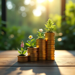 Eco-Investment Spiral with Golden Coins and Blooming Nature Under Cinematic Light