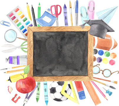 Back to school watercolor black schoolboard with classroom supplies isolated illustration. Hand drawn creative class education stationery items composition clipart - Powered by Adobe