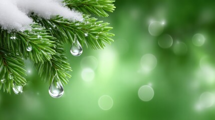 Close-up of snow-covered pine tree branches with green needles against a blurred winter background.