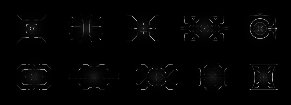 Black digital HUD with futuristic sniper crosshair locked on target. Grid radar interface with circular scope, tech bars and AI data streams. Perfect for sci fi games or weapon panels.