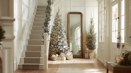 Decorated Christmas tree in a bright hallway with a large mirror reflecting holiday ornaments and lights.