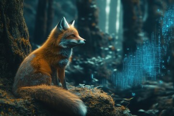 Naklejka premium Ancient Forest Slowly Submerged by Glowing Blue Circuitry and Digital Rivers