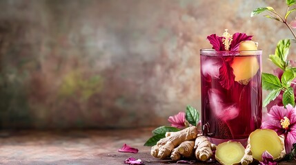 A cold glass of hibiscus and ginger iced tea, with fresh ginger slices, in a floral setting with space for text