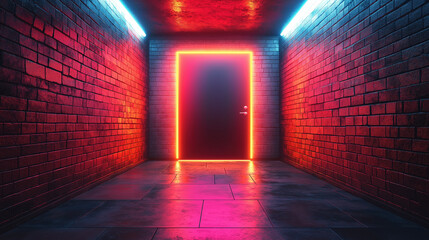 Neon-lit hallway with glowing door in dark urban setting