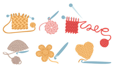 set with crocheted items. napkin, flower, hat, scarves. Needles and hooks. cozy atmosphere. handmade. flat colored isolated illustration. postcards, social media posts, themes of care and coziness