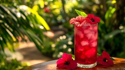 A cold glass of hibiscus and ginger iced tea, with fresh ginger slices, in a floral setting with space for text