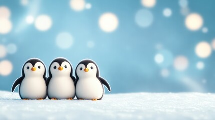 Fototapeta premium Three adorable baby penguins stand together on a snowy background, exuding charm and playfulness, This image is perfect for winter-themed projects, children's books