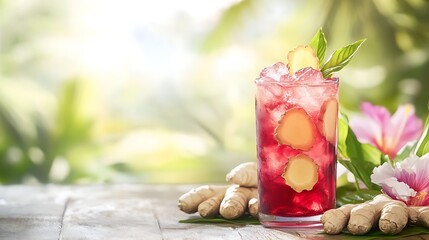 A cold glass of hibiscus and ginger iced tea, with fresh ginger slices, in a floral setting with space for text