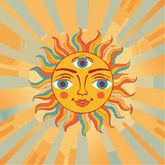 Retro groovy sun with three eyes. 60s and 70s vibes psychedelic vector clipart. Cartoon hippie oracle symbol. Vintage boho illustration. Abstract trippy ...