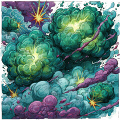 Explosive abstract art with vibrant green and purple cloud formations