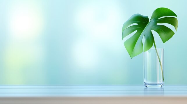 A bright, minimalistic image featuring a single green monstera leaf in a clear glass vase, This elegant composition can enhance designs related to nature, wellness, or interior decor,