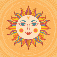 Retro groovy sun with three eyes. 60s and 70s vibes psychedelic vector clipart. Cartoon hippie oracle symbol. Vintage boho illustration. Abstract trippy ...